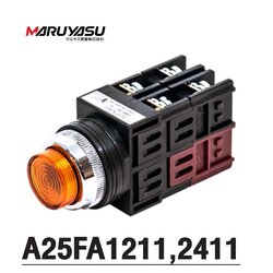 MARUYASU A25FA1211Y A25FA1211G, A25FA1211R, A25FA1211O,A25FA2411Y A25FA2411G, A25FA2411R, A25FA2411O, สวิทช์กดมีไฟหัวนูน 12,24 โวลต์ 1NO 1NC φ25 mm.