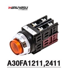 MARUYASU A30FA1211Y A30FA1211G, A30FA1211R, A30FA1211O,A30FA2411Y A30FA2411G, A30FA2411R, A30FA2411O สวิทช์กดมีไฟหัวนูน 12,24 โวลต์ 1NO 1NC φ30 mm.