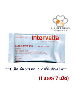 Moxclavet 250 mg (1แผง/7 เม็ด)ฆ่าเชื้อสำหรับสุนัขและแมวขาย