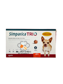 Simparica TRIO 1.25 - 2.5 Kg ( 1 กล่อง /3 เม็ด)ยาป้องกันเห็บหมัดและพยาธิ สำหรับสุนัข