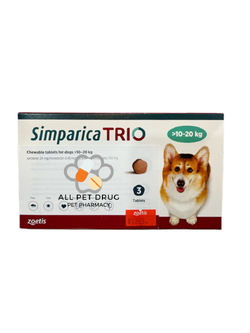 Simparica TRIO 10.1 - 20 Kg ( 1 กล่อง /3 เม็ด)ยาป้องกันเห็บหมัดและพยาธิ สำหรับสุนัข
