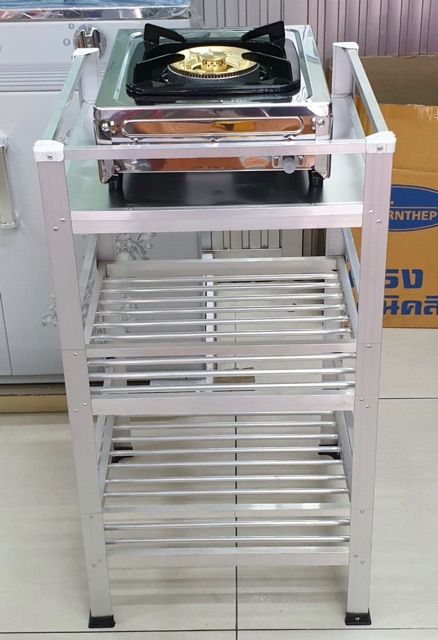 ชั้นวางเตาแก๊สวางของ 3 ชั้น ไม่รวมเตา ชั้นบนแผ่นอลูมิเนียมเรียบ 41x40x80 ซม.
