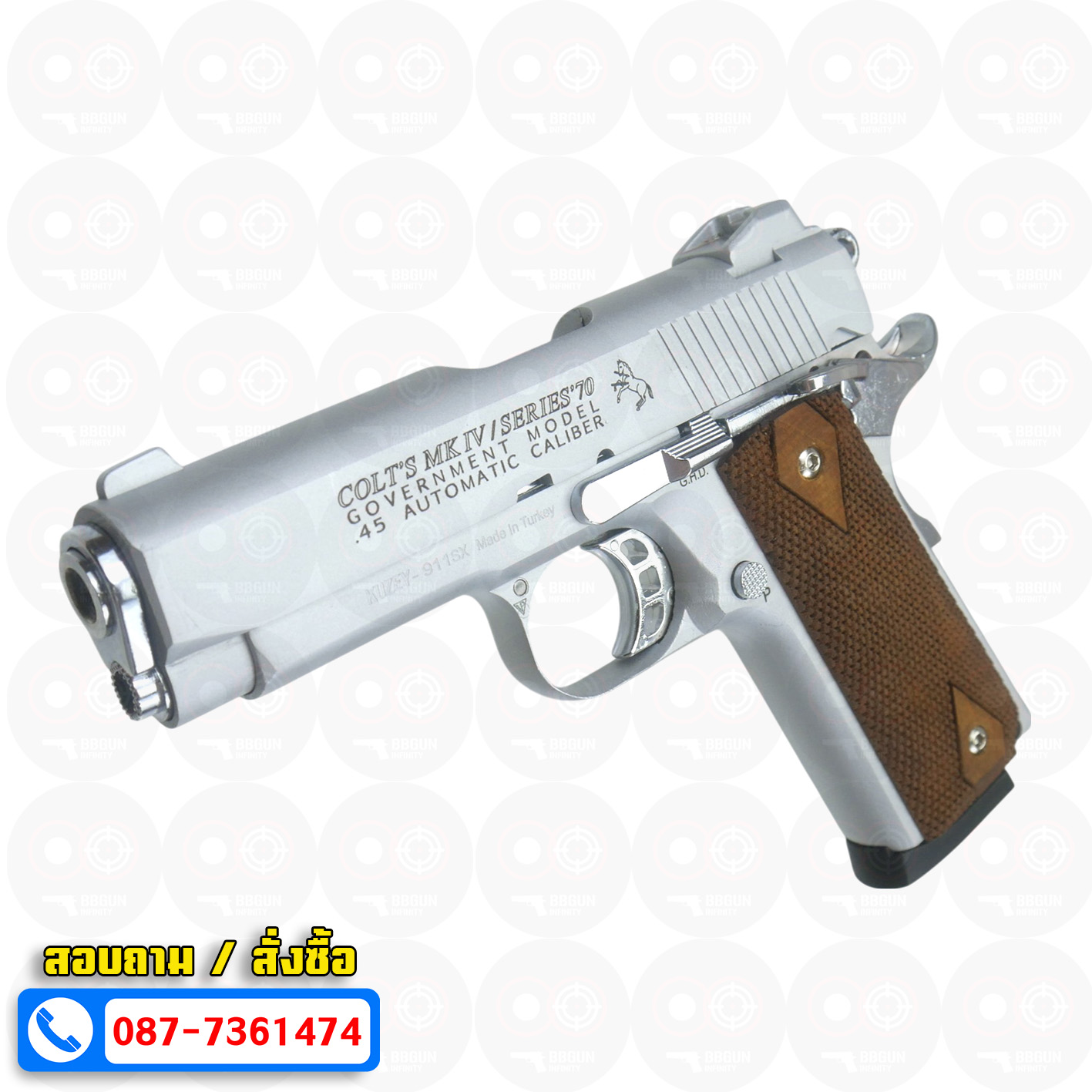 แบลงค์กัน KUZEY M1911 COLT MK IV SR70 สีเงินด้าน 4 นิ้ว ด้ามไม้ blank gun