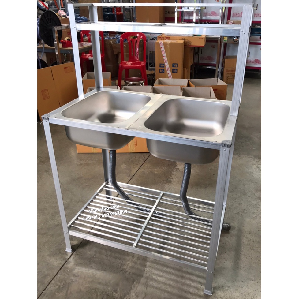อ่างล้างจาน อ่างคู่ 40x90x124 ซม. ตะแกรงซี่ 1 ชั้น รุ่น M952+บน ซิงค์ สแตนเลส ขาอลูมิเนียม (ไม่เจาะรูก๊อก ไม่ขัดเงา)