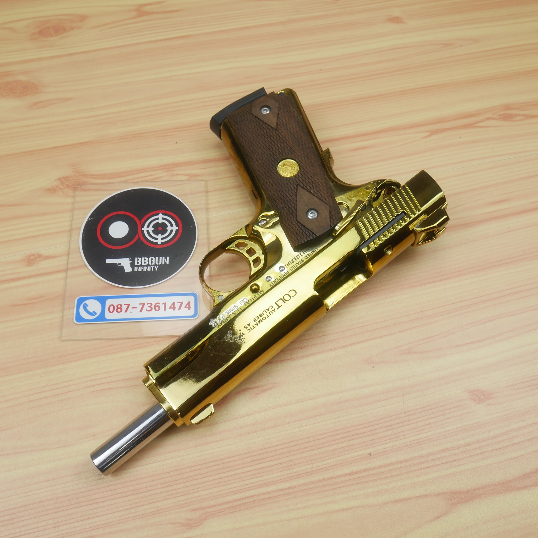 แบลงค์กัน KUZEY M1911 Colt MK IV 80 สีทอง ลำกล้อง 5 นิ้ว blank gun ด้ามไม้