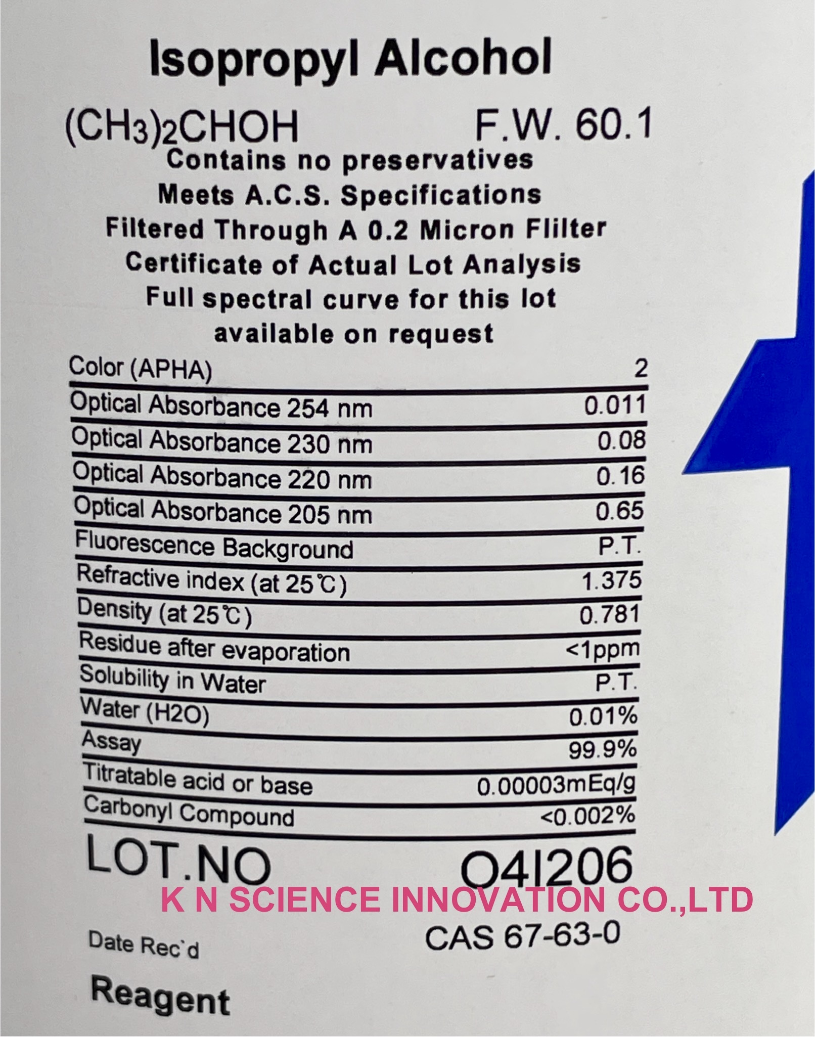 Iso-propyl alcohol, HPLC (2-Propanol, Propan-2-ol, IPA) 67-63-0, 4 L , Fisher Chemical™ A451-4