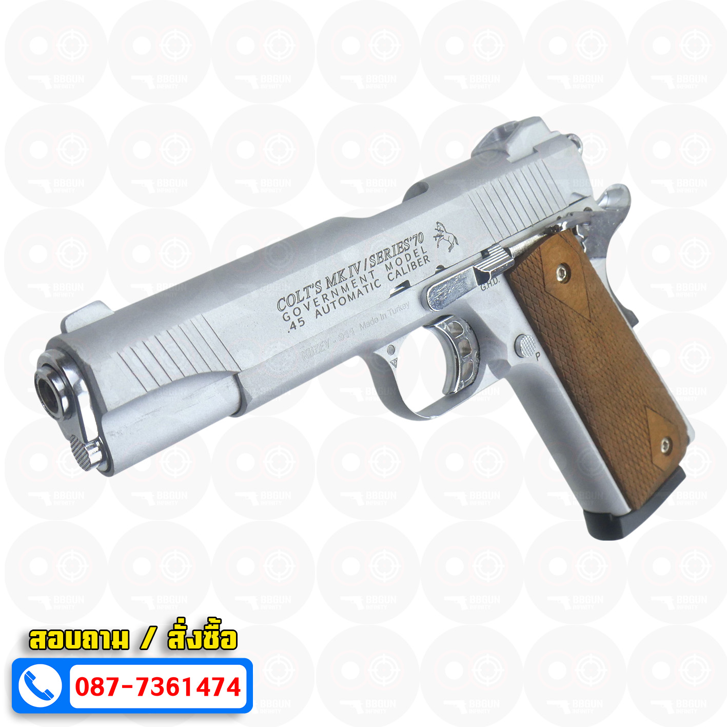 แบลงค์กัน KUZEY M1911 COLT MK IV SR70 สีเงินด้าน 5 นิ้ว ด้ามไม้ blank gun