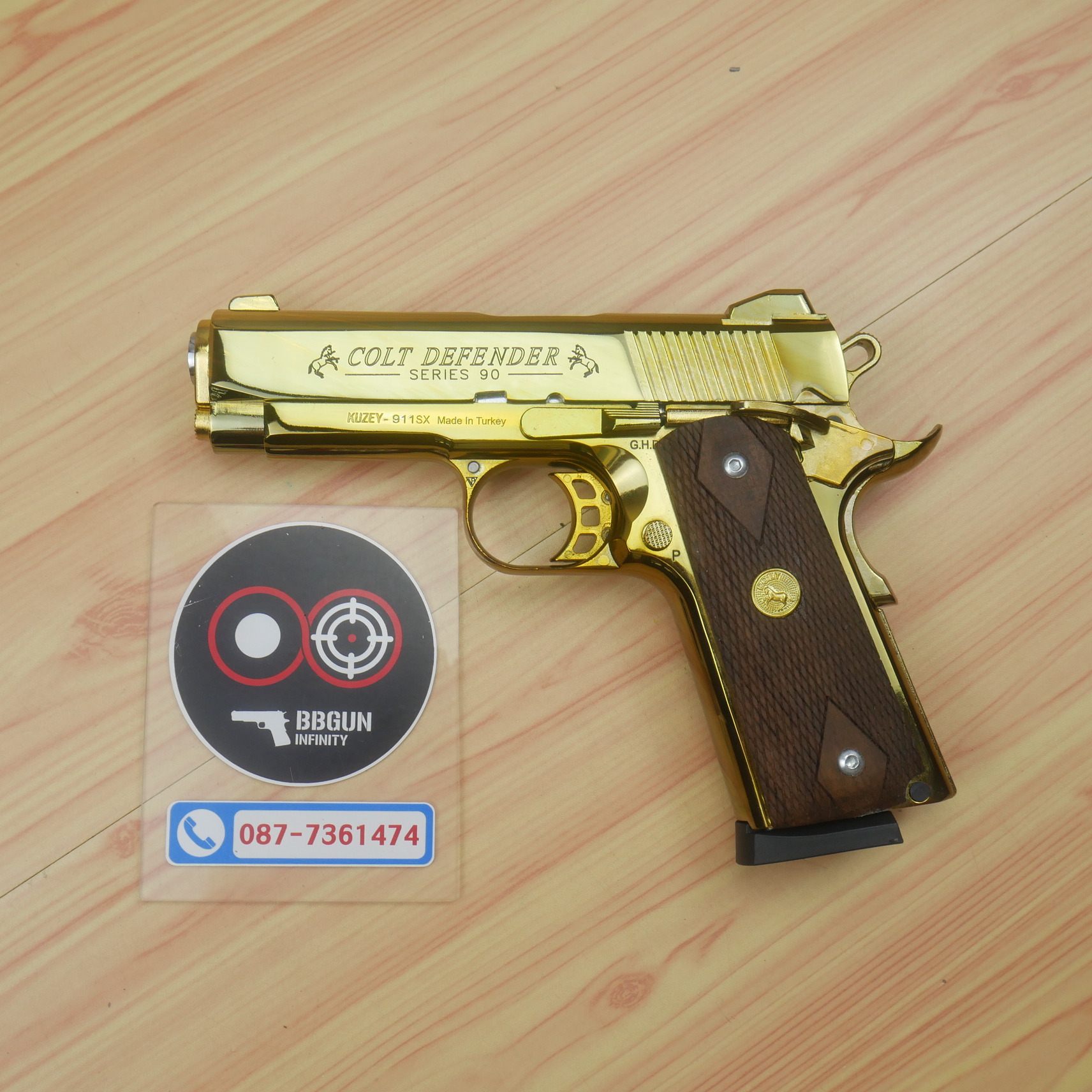 แบลงค์กัน KUZEY M1911 COLT'S DEFENDER SERIES 90 ลำกล้อง 4 นิ้ว สีทอง ด้ามไม้ (แถมกล่องใส่ปืน)