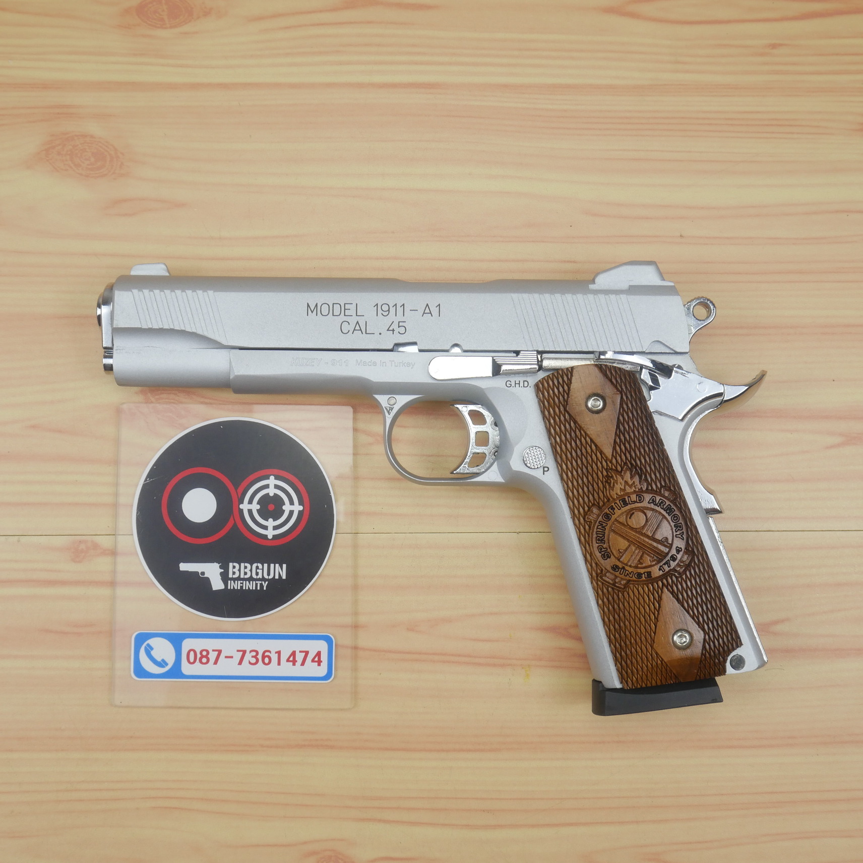 แบลงค์กัน KUZEY M1911-A1 SPRINGFIELD ARMORY สีเงินด้าน 5 นิ้ว blank gun ด้ามไม้