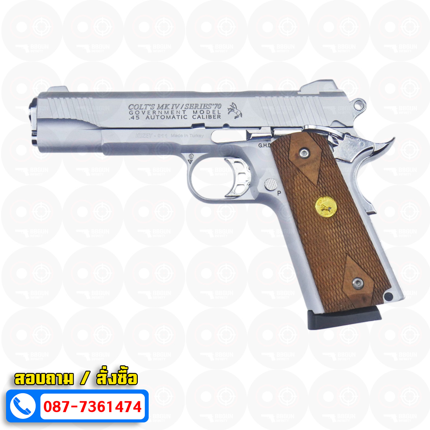 แบลงค์กัน KUZEY M1911 COLT MK IV SR70 สีเงินด้าน 5 นิ้ว ด้ามไม้ (แถมกล่องใส่ปืน) blank gun