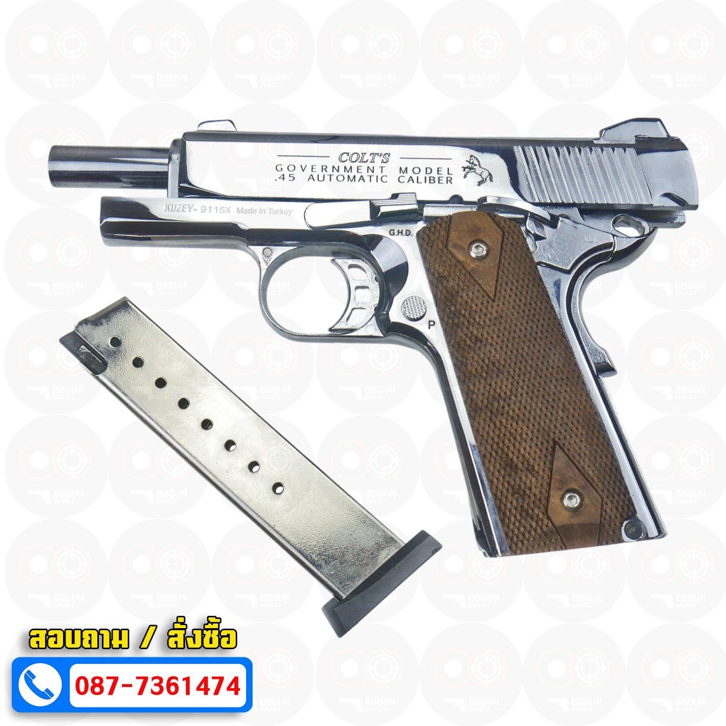 แบลงค์กัน KUZEY M1911 COLT GOVERMENT 100 Year เงินเงา 4 นิ้ว blank gun ด้ามไม้