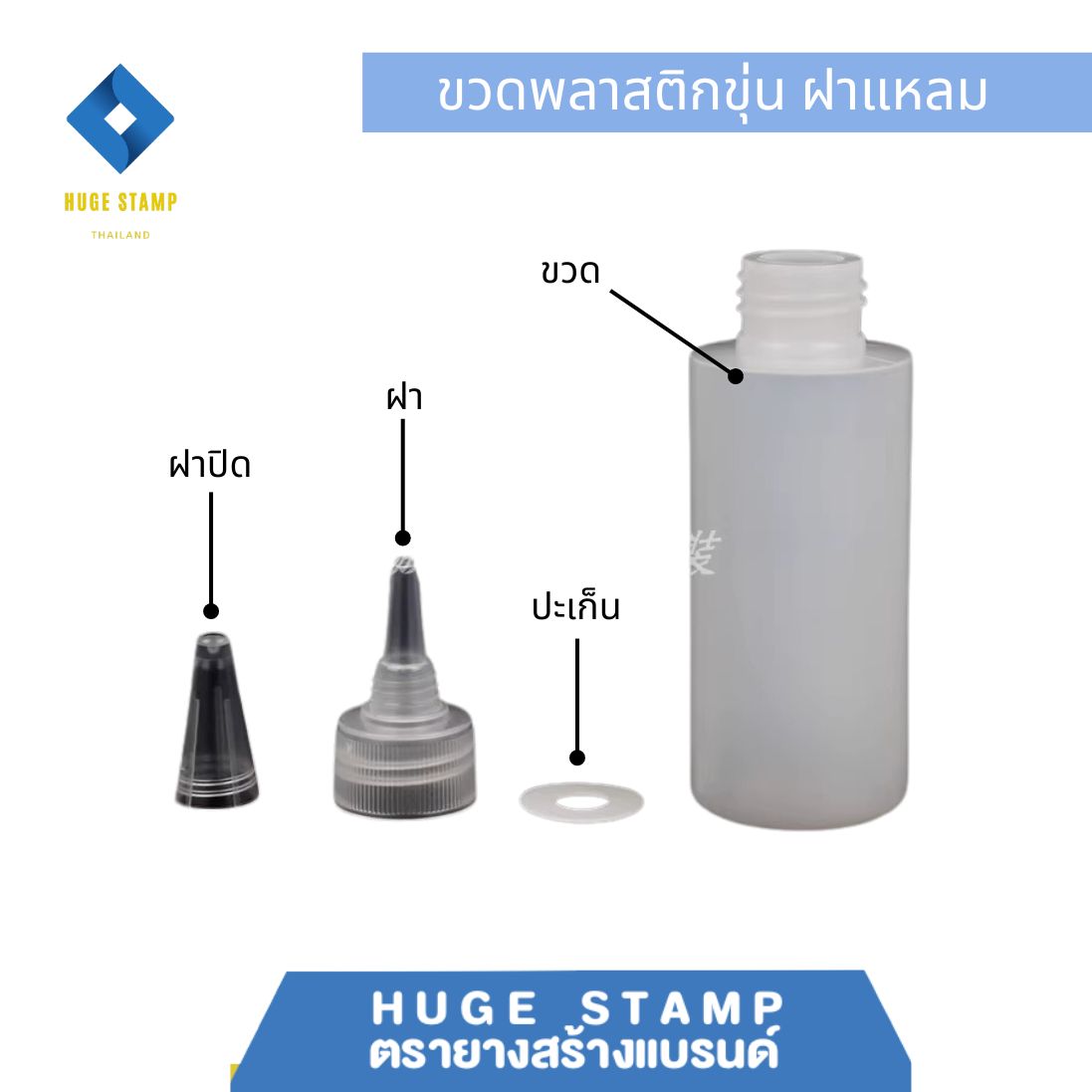 ขวดเปล่า ขาวขุ่น ทรงเหลี่ยม พร้อมฝาปิดหัวแหลม 100,500 ml แพ็ค 1 ชุด เหมาะสำหรับใส่หมึกตรายาง หรือของเหลวอื่นๆ