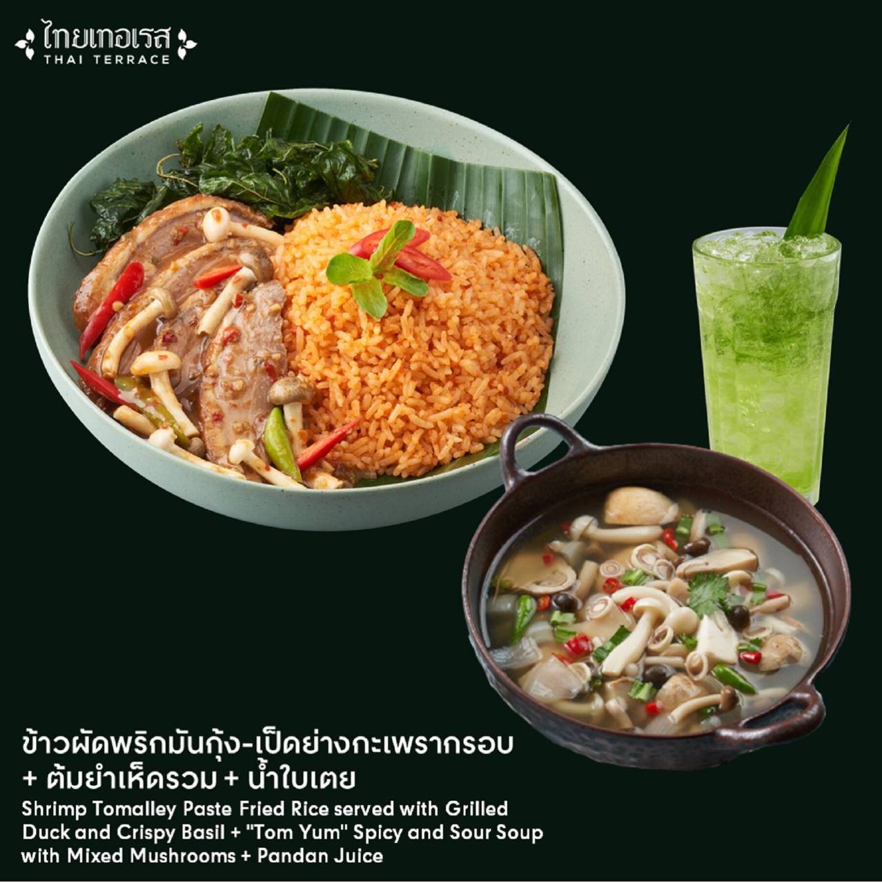 [E-voucher] Thai Terrace - / ไทยเทอเรส - ข้าวผัดพริกมันกุ้ง-เป็ดย่างกะเพรากรอบ+ต้มยำเห็ดรวม+น้ำใบเตย