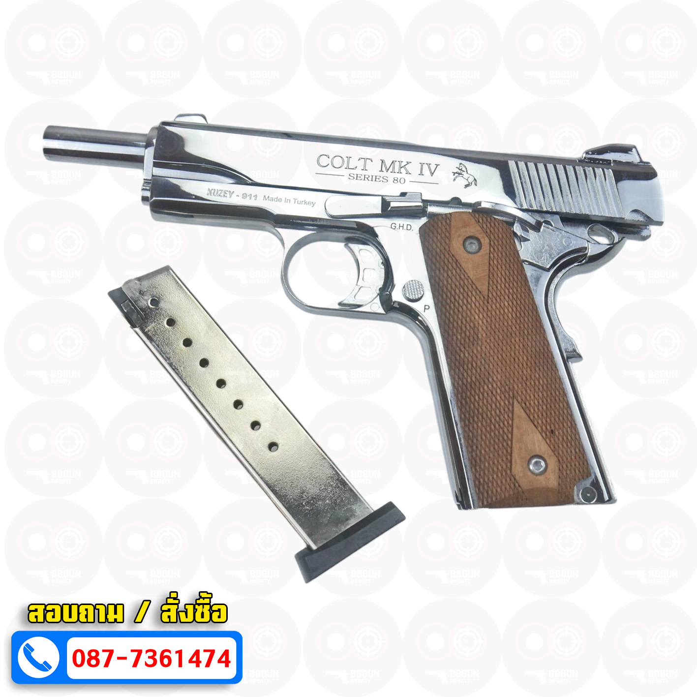 แบลงค์กัน KUZEY M1911 COLT'S MK IV SERIES 80 blank gun สีเงินเงา ลำกล้อง 5 นิ้ว ด้ามไม้