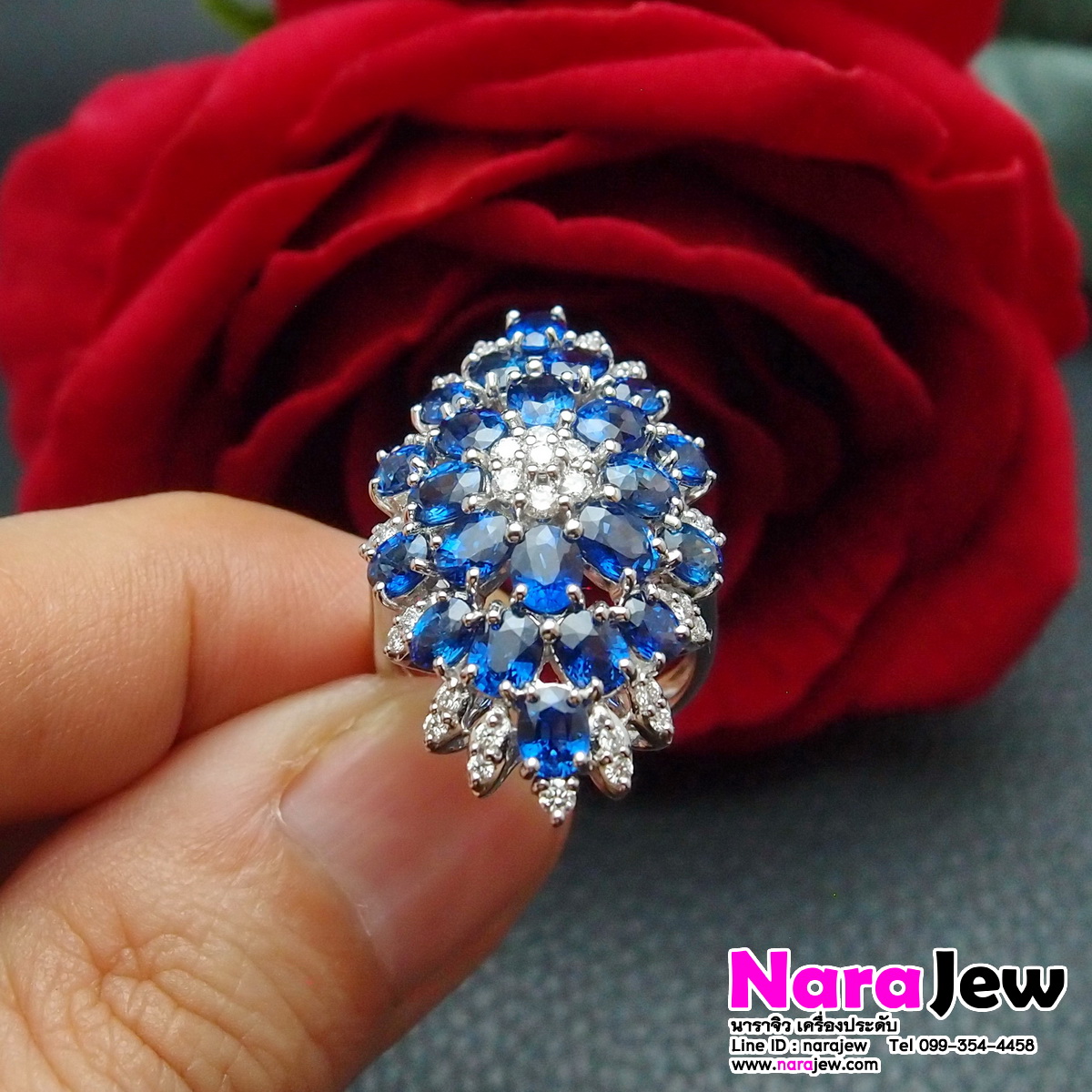 แหวนไพลิน ซีลอน ล้อมเพชรแท้ แบบแหวนทรงมาคี หน้ากว้าง ใส่เต็มนิ้วสุดๆ