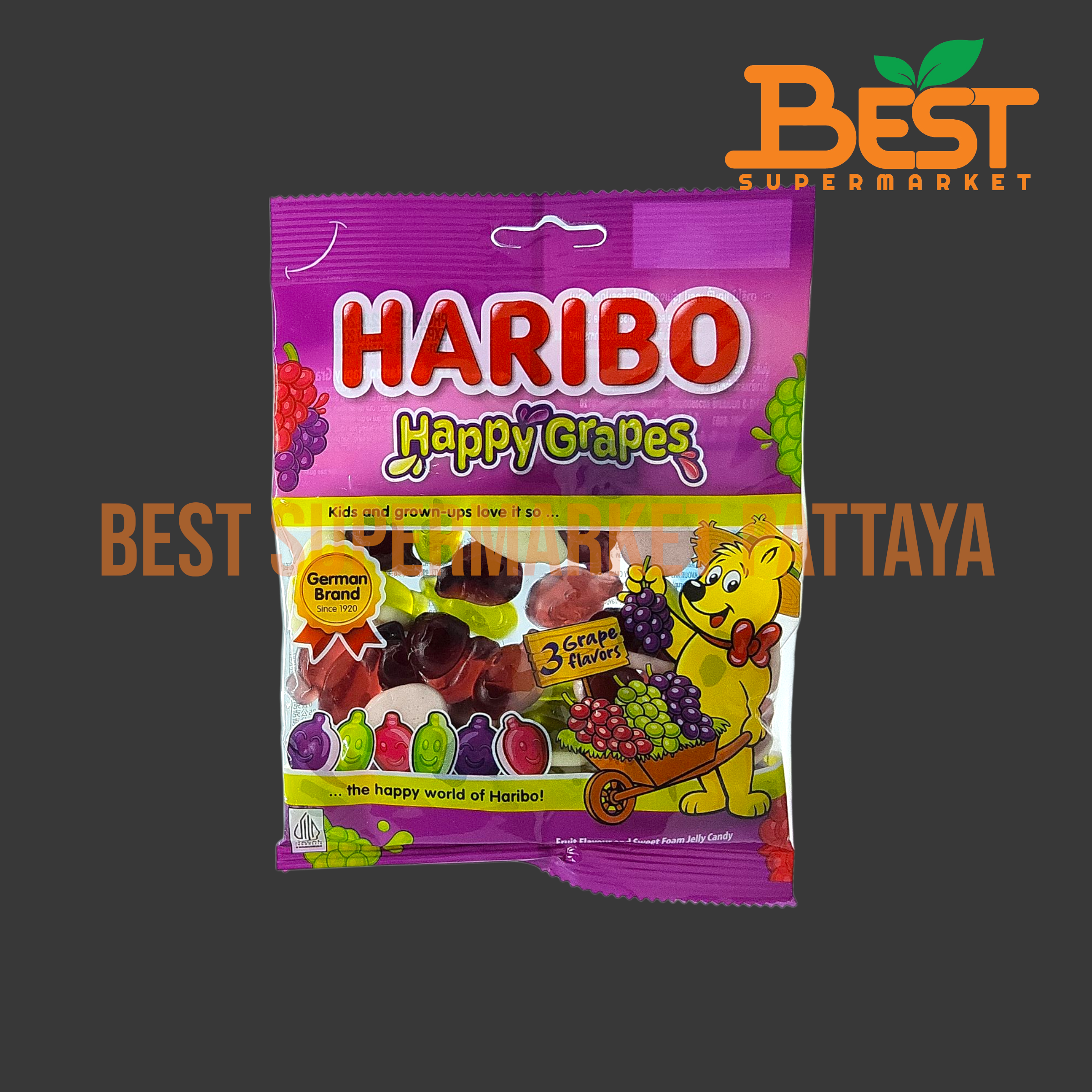 ฮาริโบ้ แฮปปี้ เกรป รูปกลิ่นองุ่น 160 กรัม. Haribo Happy Grapes 160 g.