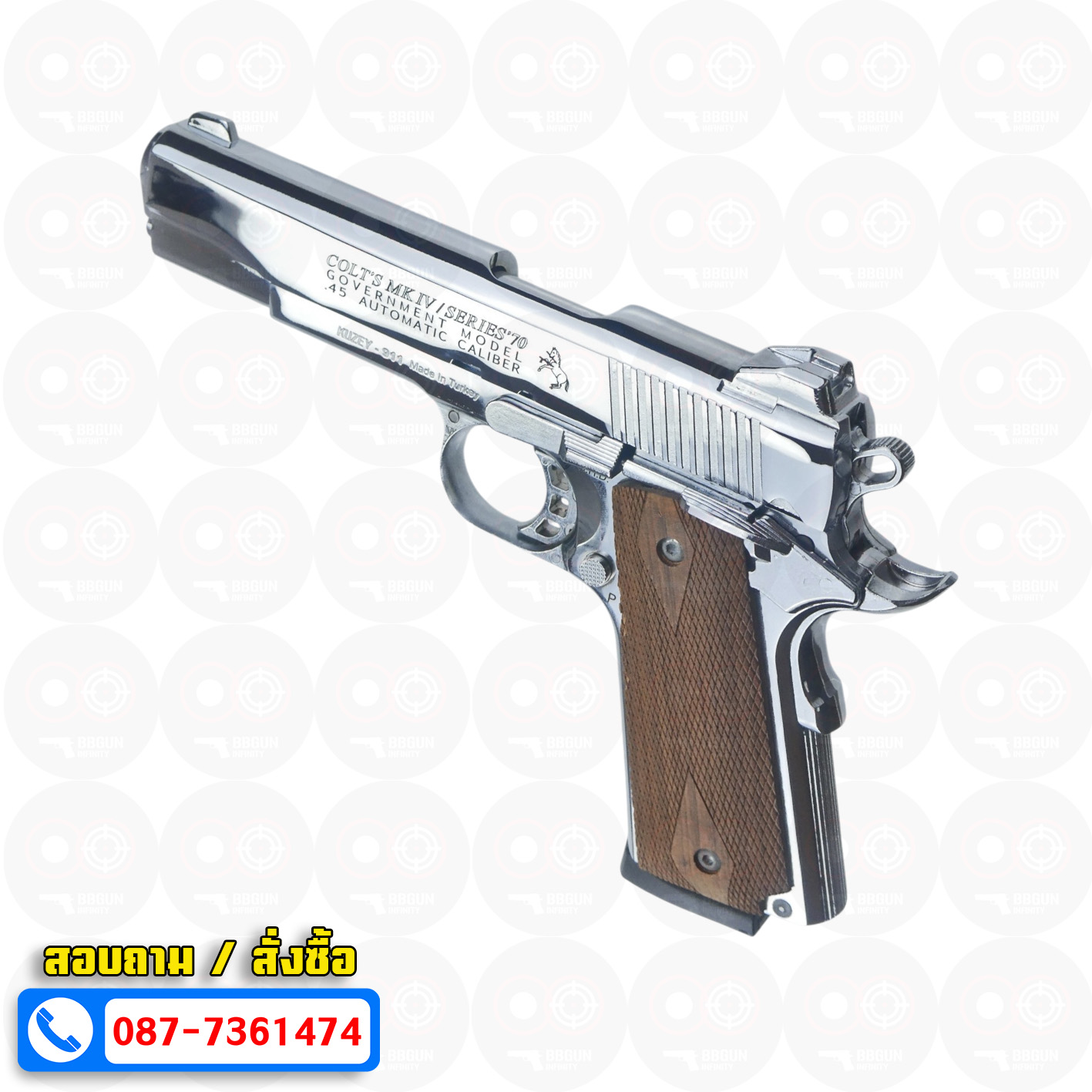 แบลงค์กัน KUZEY M1911 COLT MK IV SR70 สีเงินเงา 5 นิ้ว ด้ามไม้ blank gun