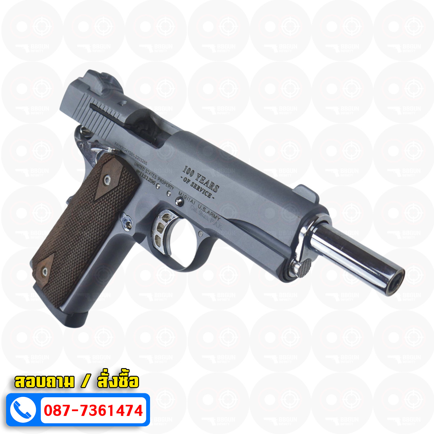 แบลงค์กัน KUZEY M1911 COLT'S 100 ปี สีสโมค ลำกล้อง 5 นิ้ว blank gun ด้ามไม้ (แถมกล่องใส่ปืน)