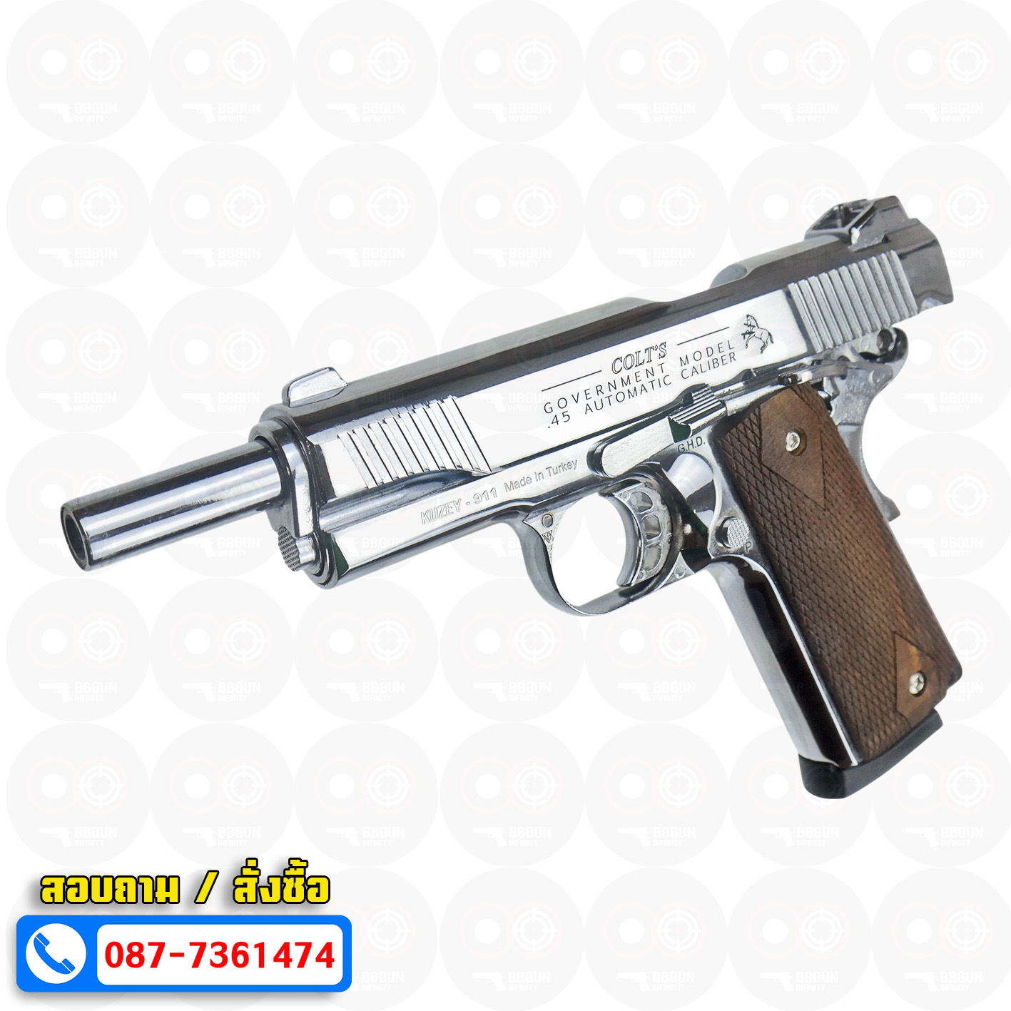 แบลงค์กัน KUZEY M1911 COLT GOVERMENT 100 Year เงินเงา 5 นิ้ว ด้ามไม้ blank gun