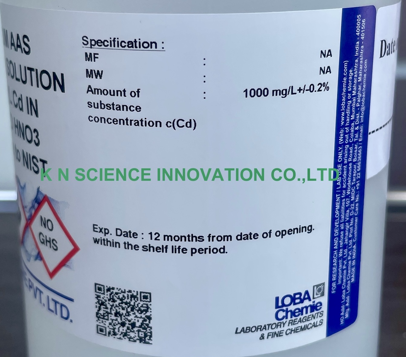 Cadmium, AAS standard, 1000 mg/l (in diluted HNO3), NIST Traceable ,500 ml , Loba A110N00500
