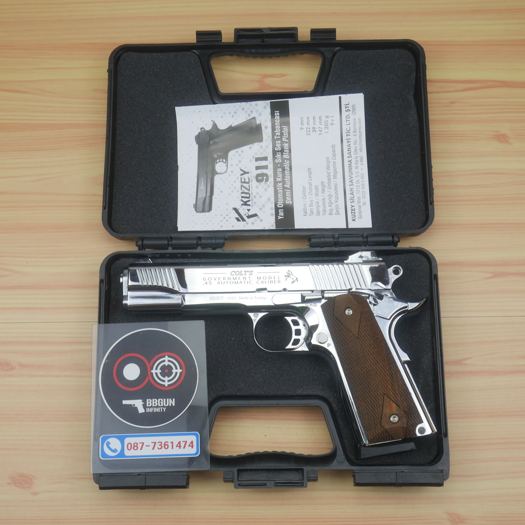 แบลงค์กัน KUZEY M1911 COLT GOVERMENT 100 Year เงินเงา 5 นิ้ว ด้ามไม้ blank gun