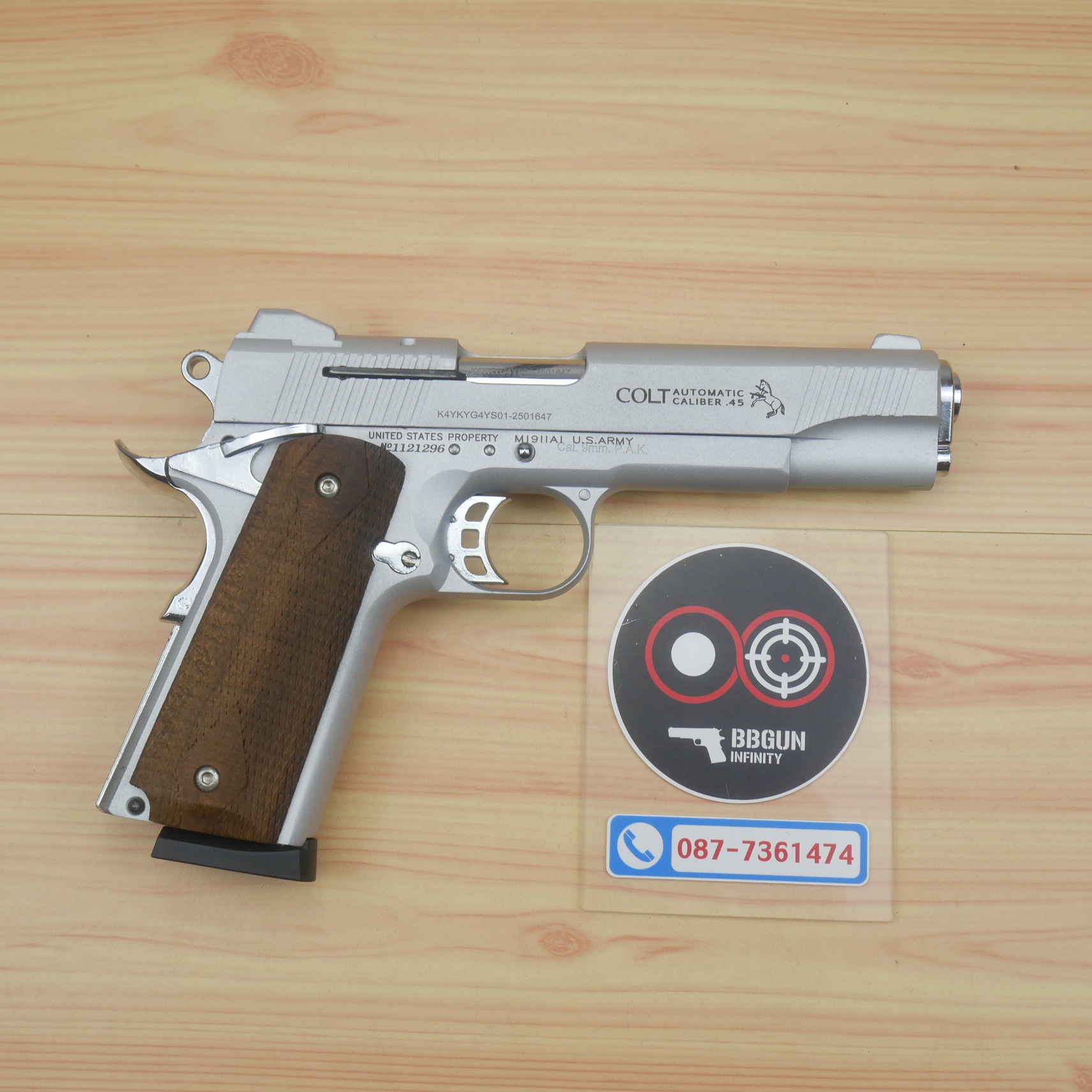 แบลงค์กัน KUZEY M1911 COLT MK IV SR70 สีเงินด้าน 5 นิ้ว ด้ามไม้ blank gun
