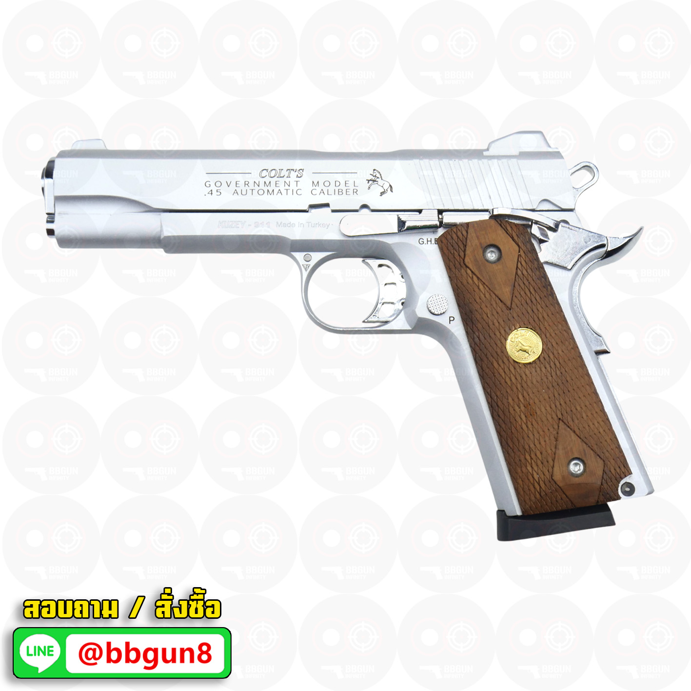 แบลงค์กัน KUZEY M1911 ลำกล้อง 5 นิ้ว COLT GOVERMENT 100 Year สีเงินด้าน blank gun ด้ามไม้
