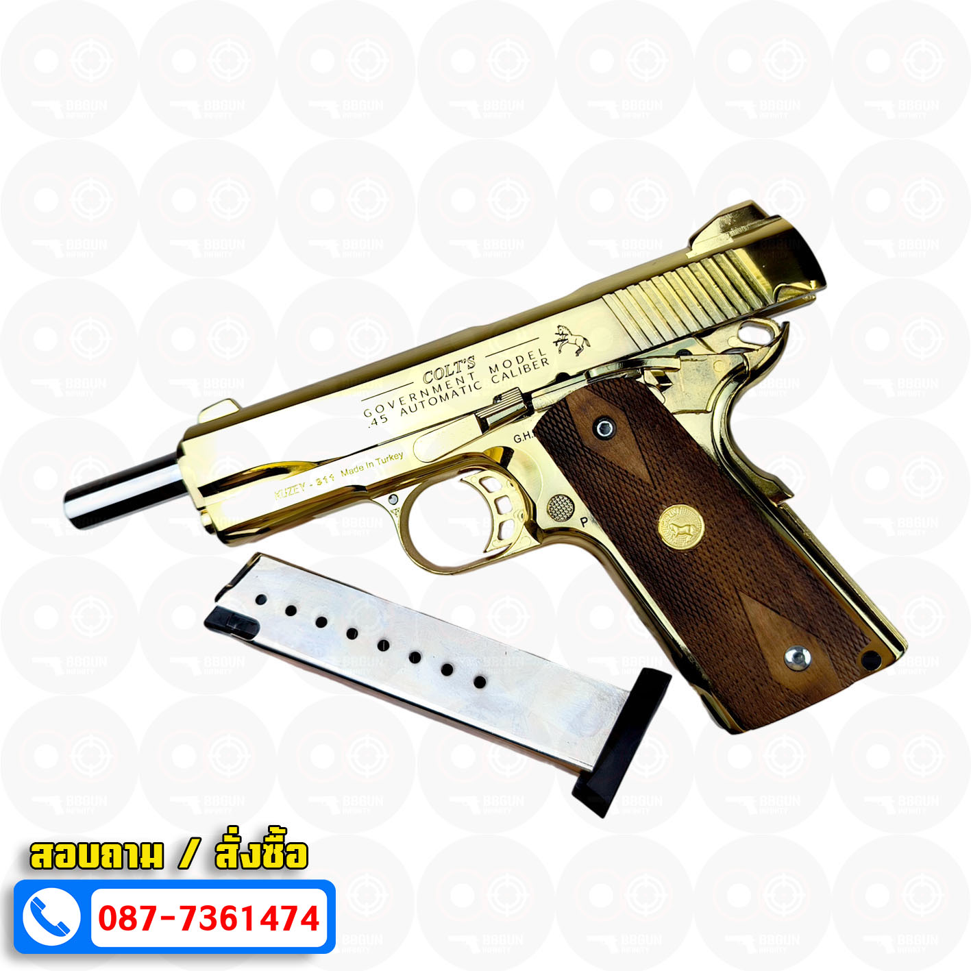 แบลงค์กัน KUZEY M1911 5 นิ้ว COLT GOVERMENT 100 Year สีทอง blank gun ด้ามไม้