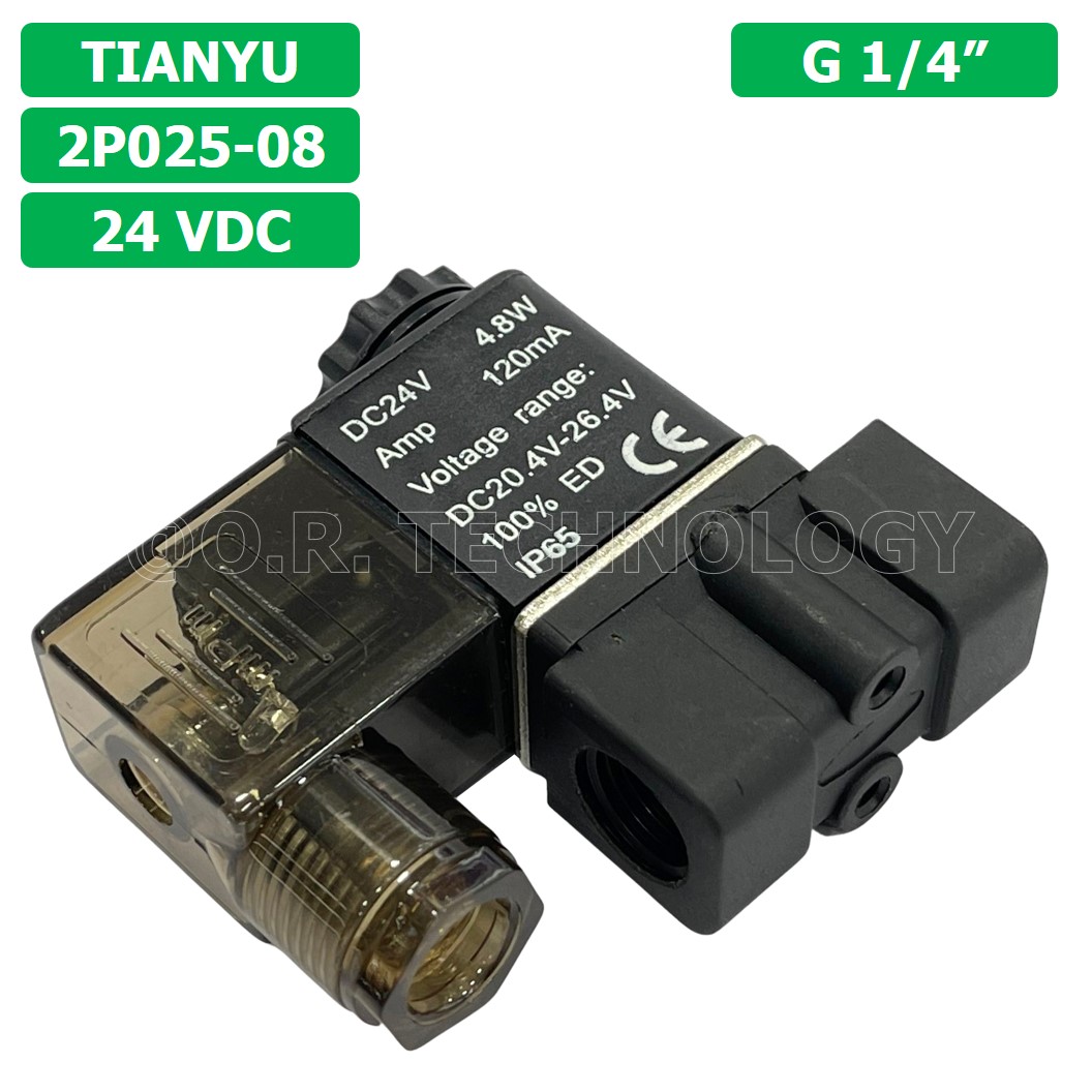 (1ชิ้น) 2P025-08 24VDC โซลินอยด์วาล์ว พลาสติก 2/2 Way Single Coil Solenoid Valve Pneumatic TIANYU โซลินอยด์ลม วาล์วลม