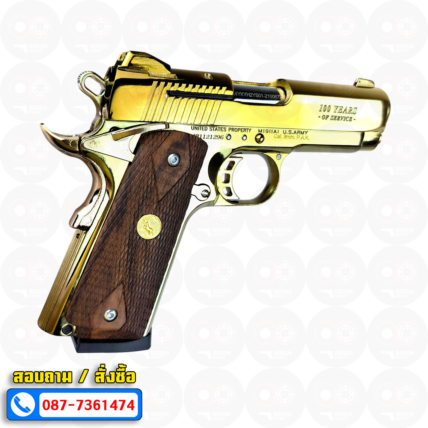 Blank Gun KUZEY M1911 COLT'S 100 ปี สีทอง 4 นิ้ว แบลงค์กัน ด้ามไม้