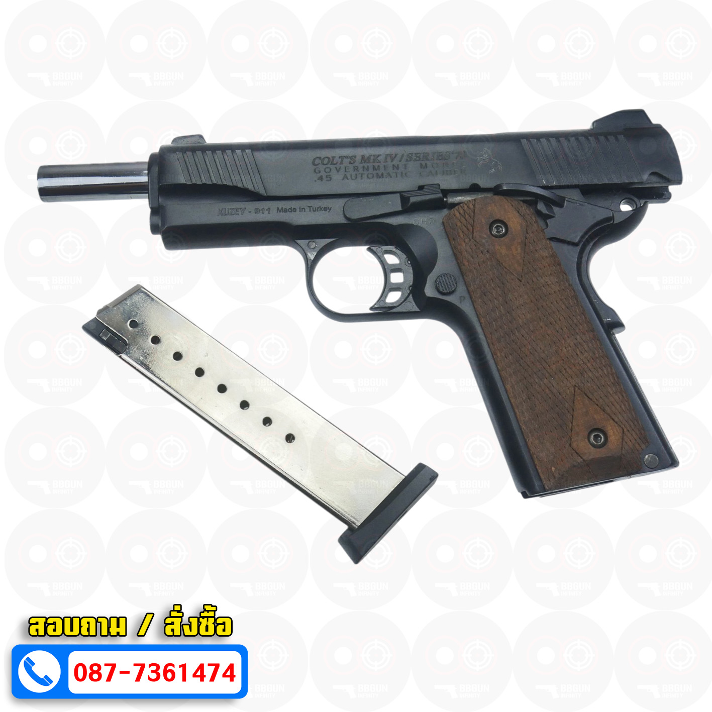 แบลงค์กัน KUZEY M1911 COLT'S MK IV SERIES'70 สีดำ ลำกล้อง 5 นิ้ว ด้ามไม้ blank gun