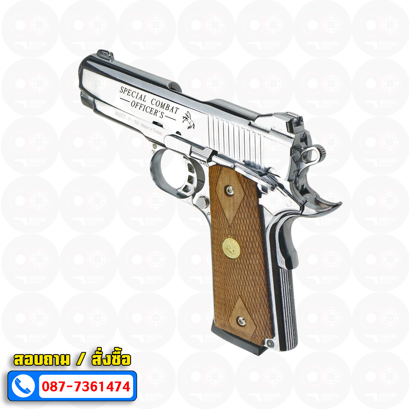 แบลงค์กัน KUZEY Special Combat Officer's ลำกล้อง 4 นิ้ว สีเงินเงา blank gun ด้ามไม้ (แถมกล่องใส่ปืน)