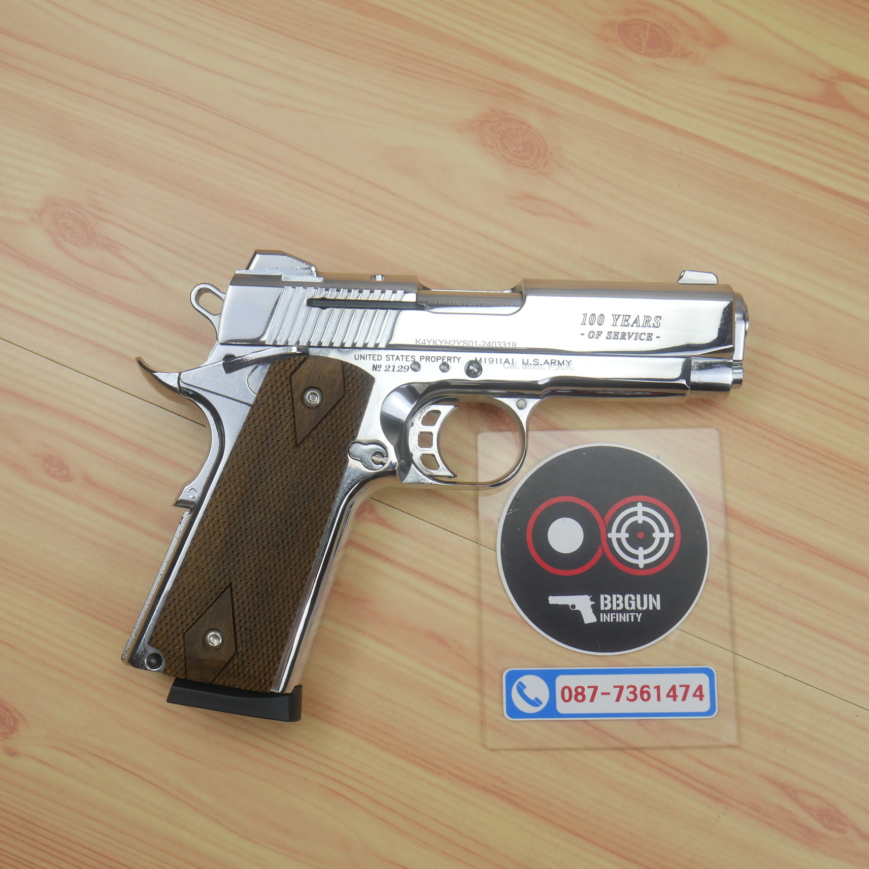 แบลงค์กัน KUZEY M1911 COLT GOVERMENT 100 Year เงินเงา 4 นิ้ว blank gun ด้ามไม้