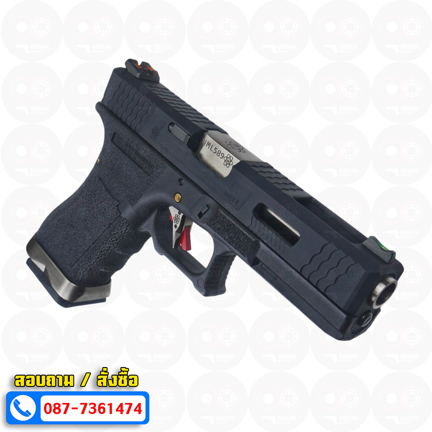 บีบีกันอัดแก๊ส WE Glock 18 G-Force T5 เฟรมดำ สไลด์ดำ ท่อเงิน BB GUN