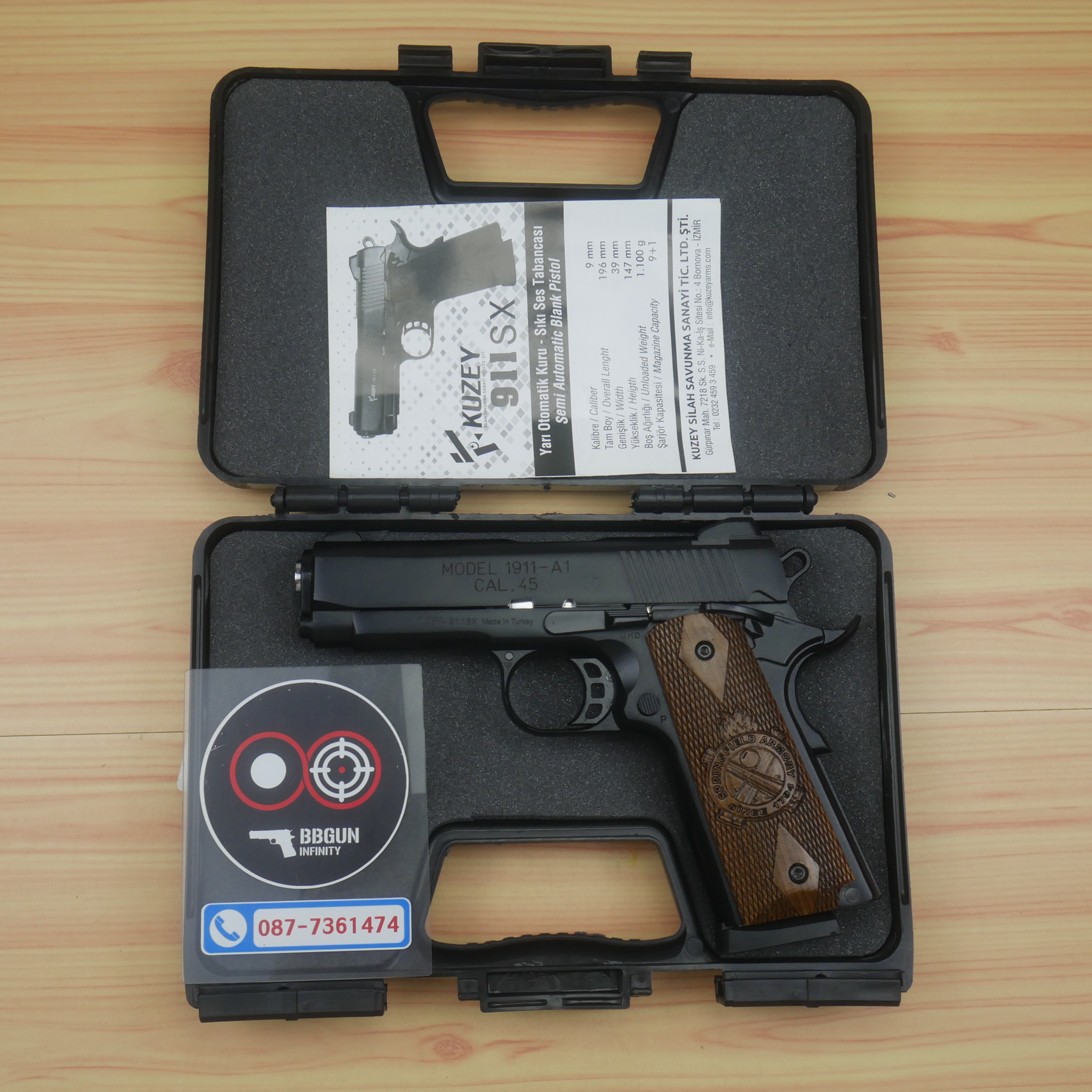 แบลงค์กัน KUZEY M1911-A1 ลำกล้อง 4 นิ้ว SPRINGFIELD ARMORY สีดำ blank gun ด้ามไม้