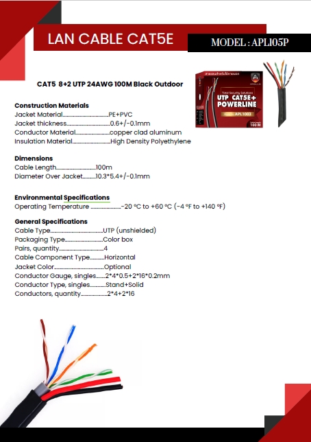 Apollo สายLAN CAT5E UTP รุ่น APL105P-OUTDOOR Lan + Power line 100M.