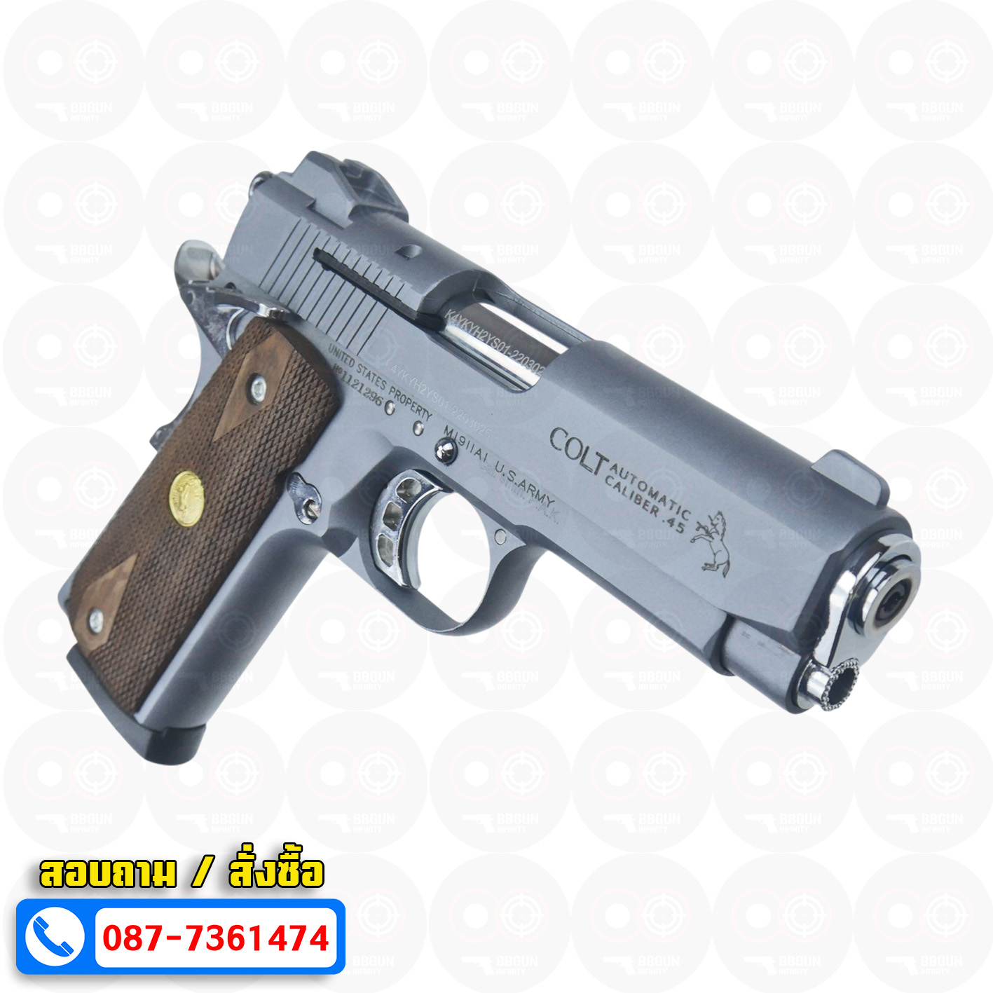 แบลงค์กัน KUZEY M1911 COLT'S MK IV SERIES'70 สีสโม๊ค 4 นิ้ว (smoke) ด้ามไม้ blank gun