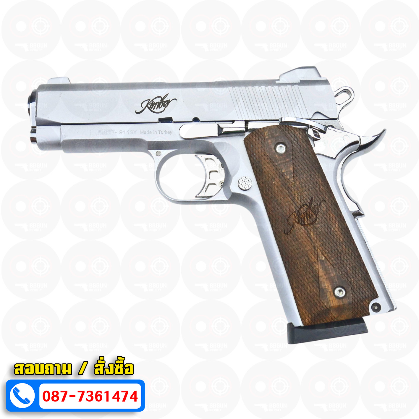 Blank Gun KUZEY Kimber 1911 ลํากล้อง 4 นิ้ว เงินด้าน แบลงค์กัน ด้ามไม้ (แถมกล่องใส่ปืน)