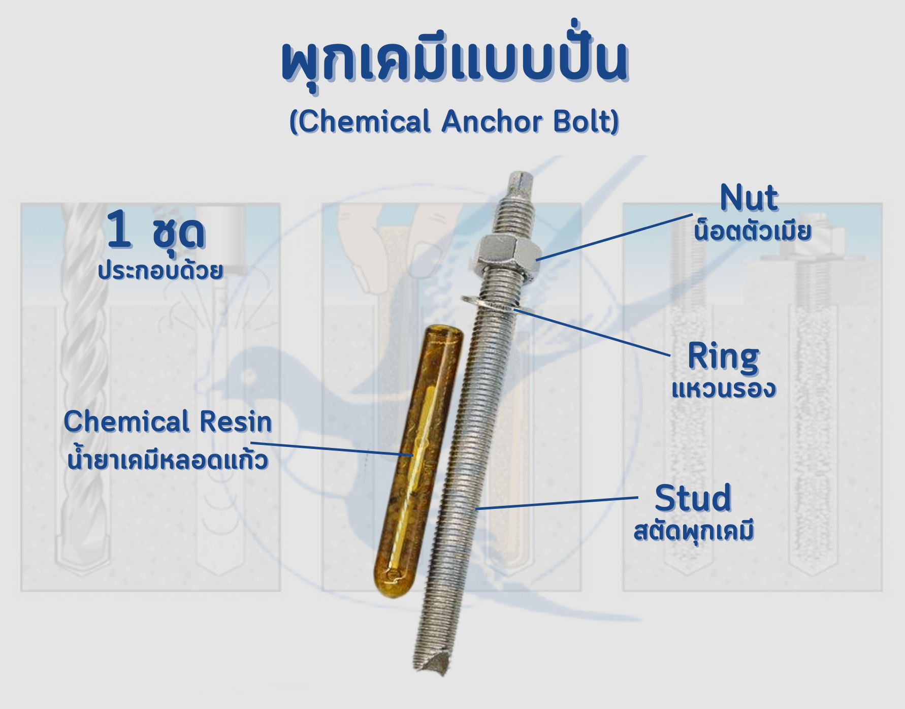 พุกเคมี แบบปั่น + สตัด M8 M10 M12 M16 (ราคารวมแวท) พุกหลอดแก้ว พร้อมสตัด (แพ็ค 10 ชุด) ขายส่ง