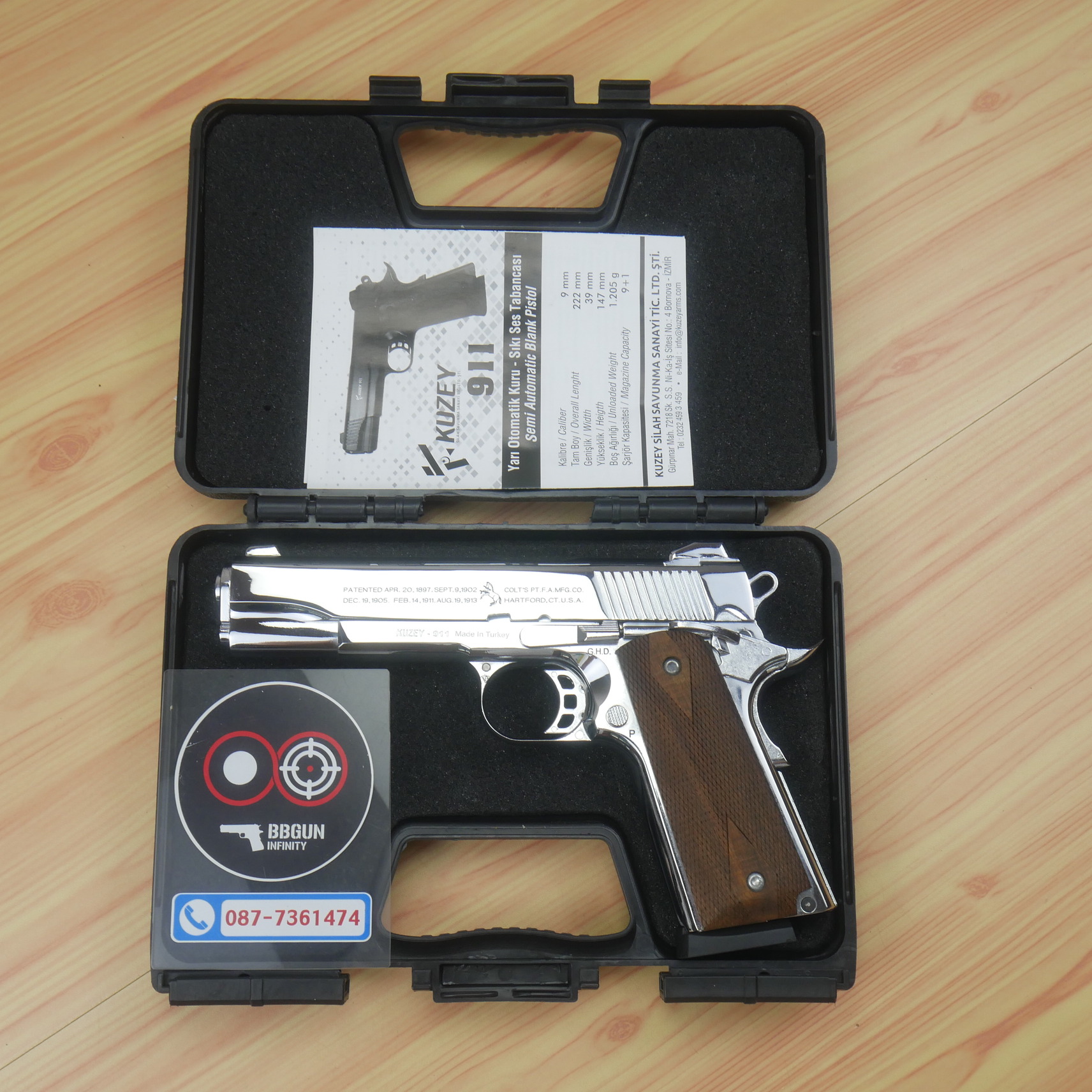 แบลงค์กัน KUZEY M1911 COLT'S 100 ปี สีเงินเงา ลำกกล้อง 5 นิ้ว blank gun ด้ามไม้