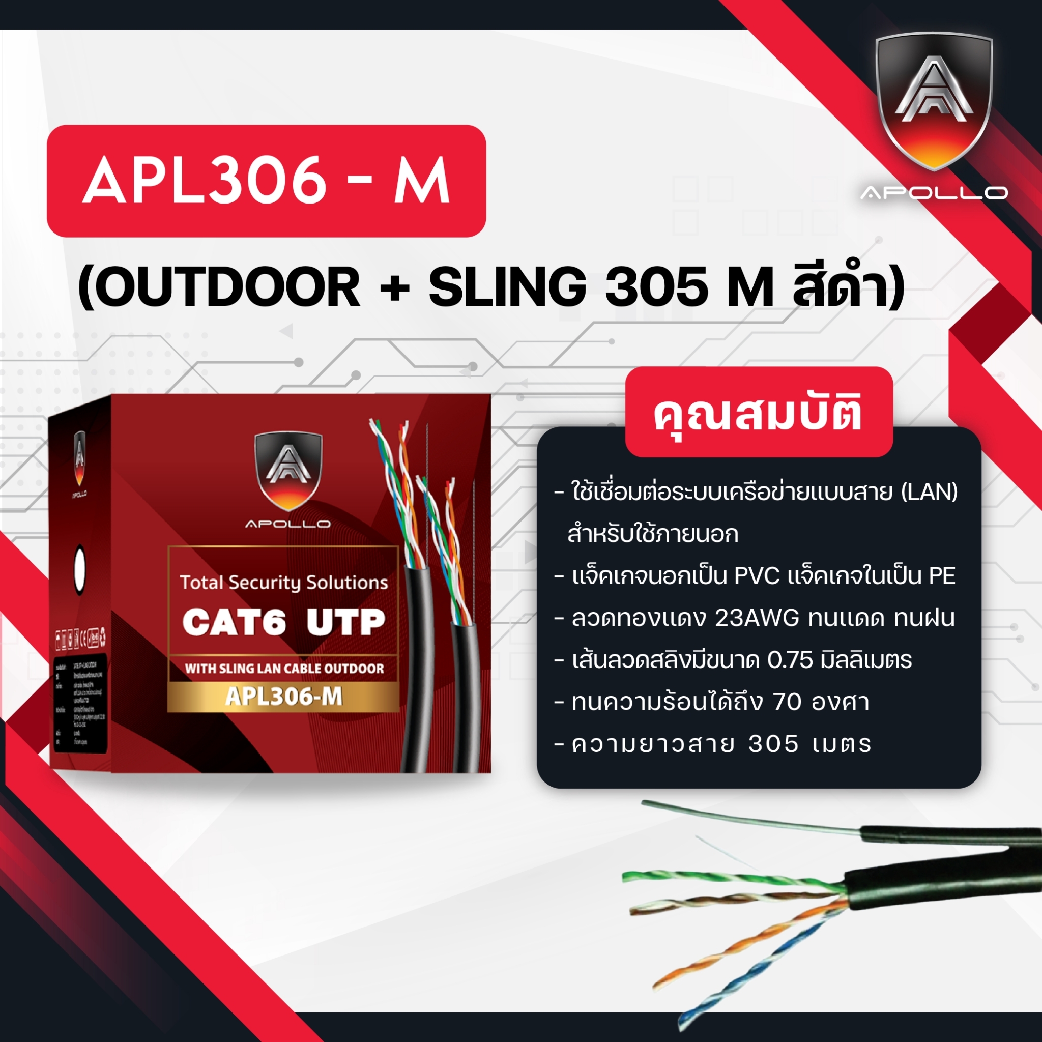 Apollo สายLAN CAT6 รุ่น APL306-M Lan + Messeger wire 305M