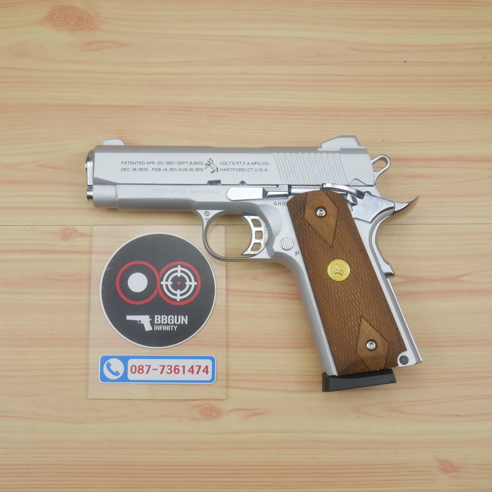 Blank Gun KUZEY M1911 COLT'S 100 ปี สีเงินด้าน 4 นิ้ว แบลงค์กัน ด้ามไม้