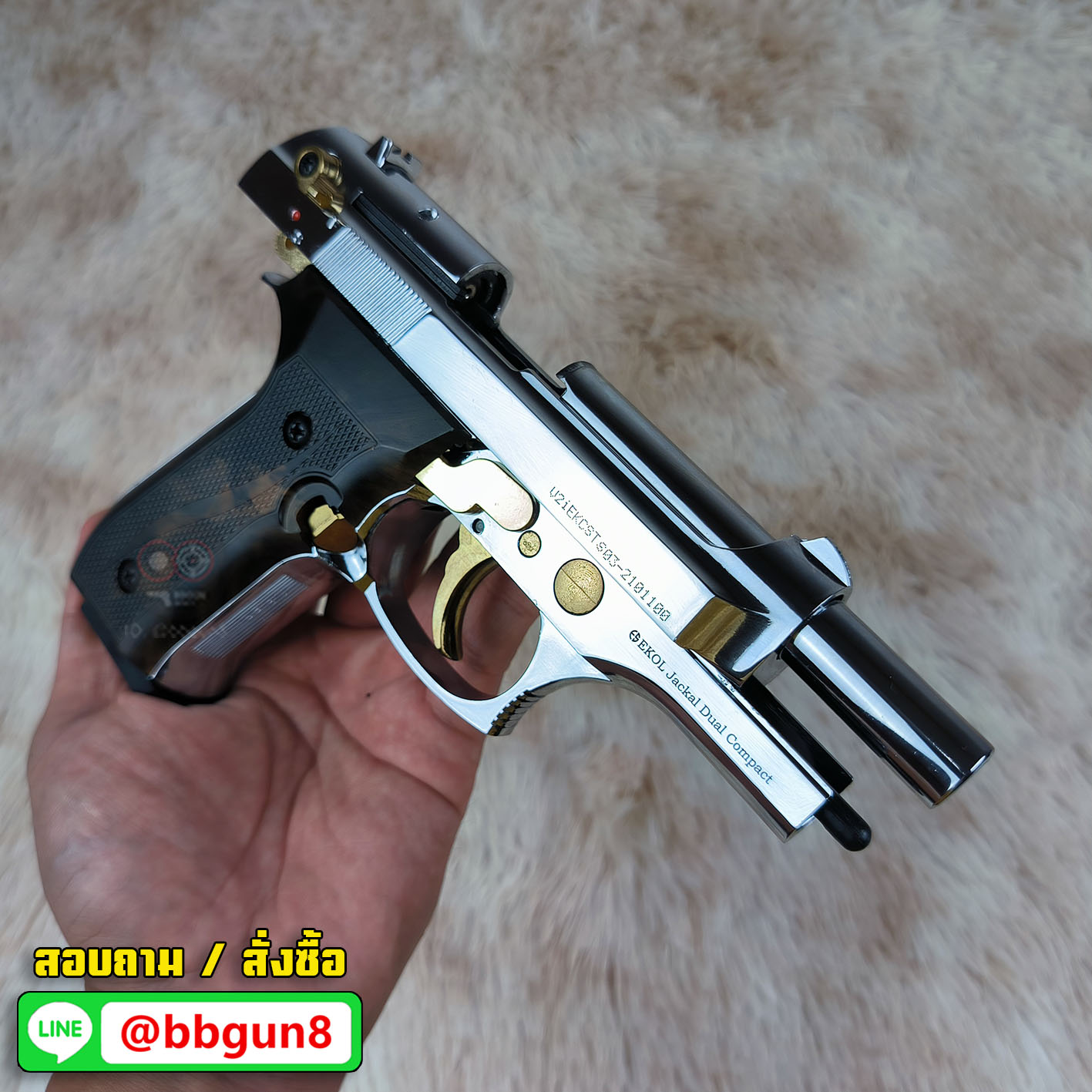 EKOL Jackal Dual Compact M92 4" (Full Auto) สีเงินเงา-ทอง แบลงค์กันบาเร็ตต้า 9 mm.P.A.K. (ฟูลออโต้) (แถมกล่องใส่ปืน แม็กกาซีน 2 อัน)