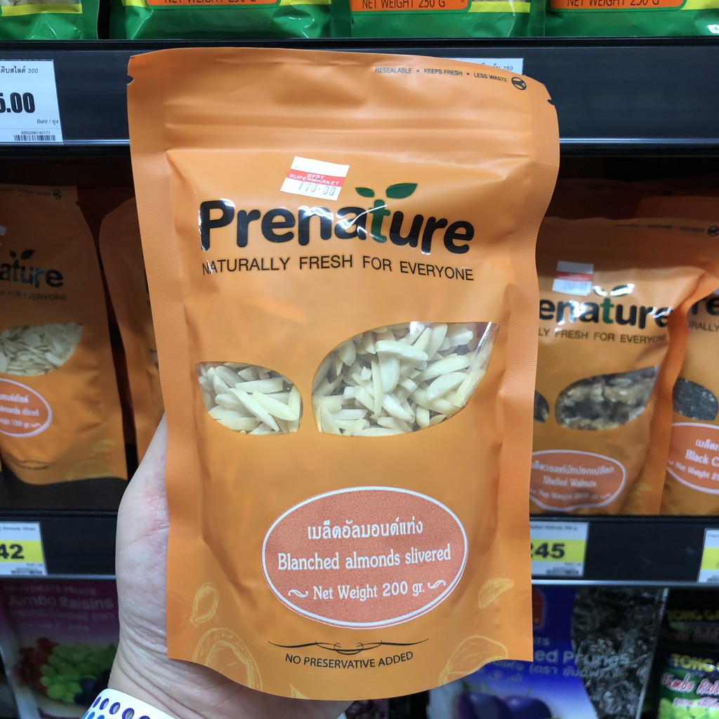 พรีเนเจอร์ เมล็ดอัลมอนด์ดิบ แท่ง 200 กรัม Prenature Almonds Slivered 200 g. 8850383610165