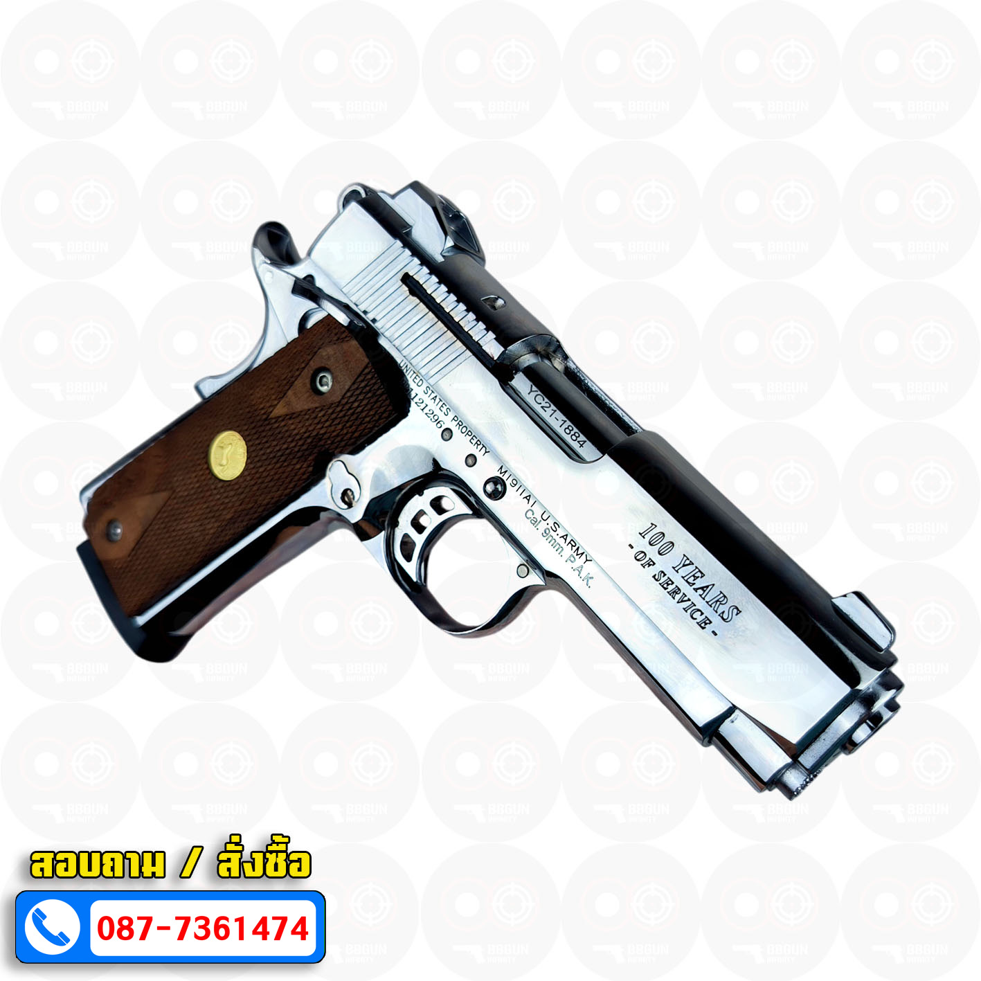 Blank Gun KUZEY M1911 COLT'S 100 ปี สีเงินเงา 4 นิ้ว แบลงค์กัน
