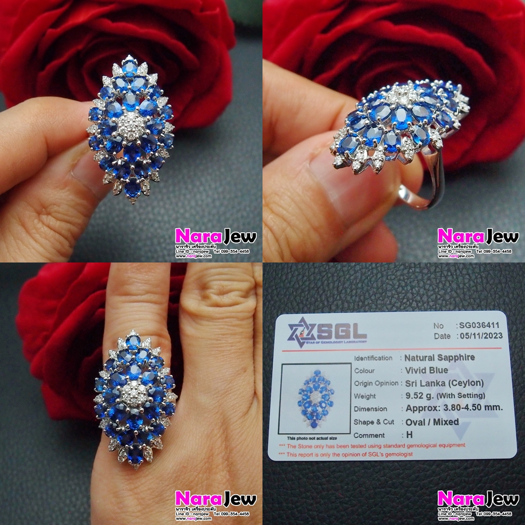 แหวนไพลิน ซีลอน ล้อมเพชรแท้ แบบแหวนทรงมาคี หน้ากว้าง ใส่เต็มนิ้วสุดๆ