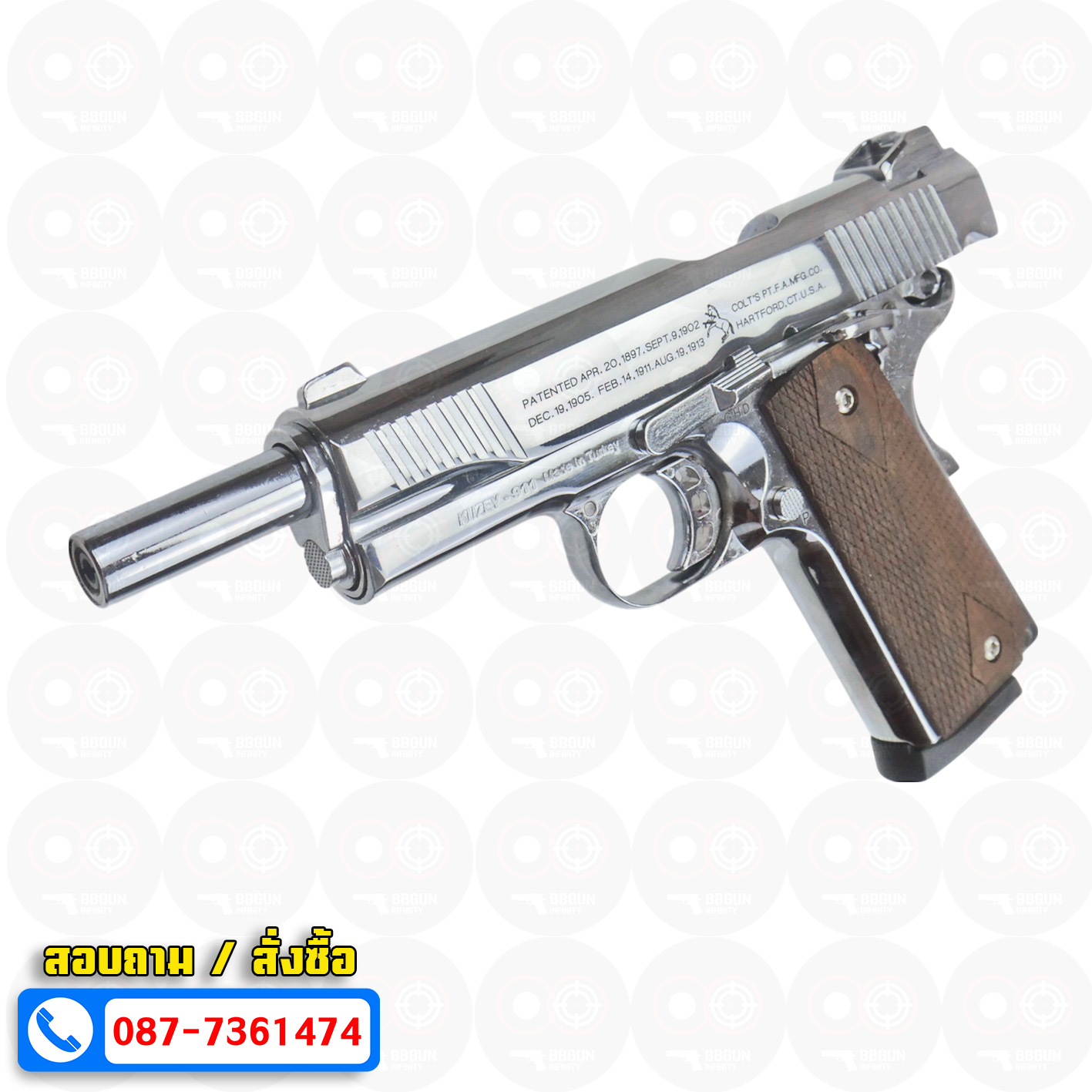 แบลงค์กัน KUZEY M1911 COLT'S 100 ปี สีเงินเงา 5 นิ้ว ด้ามไม้ blank gun