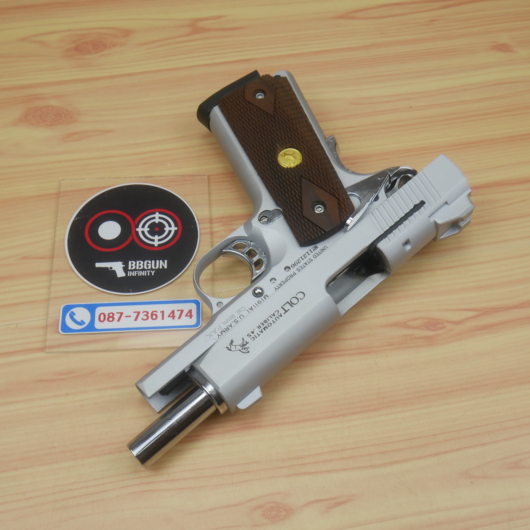 แบลงค์กัน KUZEY M1911 Colt MK IV 80 สีเงินด้าน ลำกล้อง 4 นิ้ว blank gun ด้ามไม้