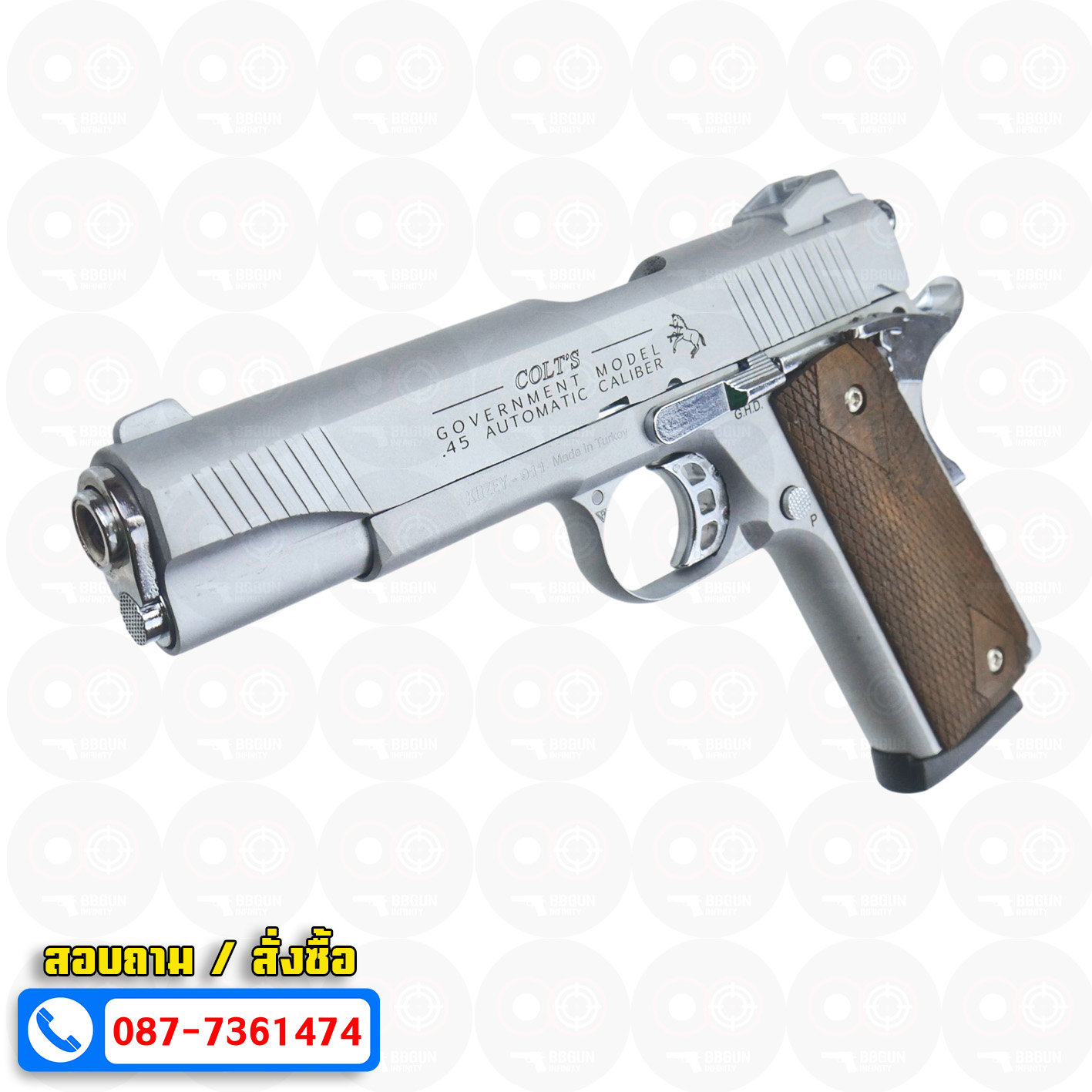 แบลงค์กัน KUZEY M1911 COLT GOVERMENT 100 Year สีเงินด้าน ลำกล้อง 5 นิ้ว blank gun ด้ามไม้