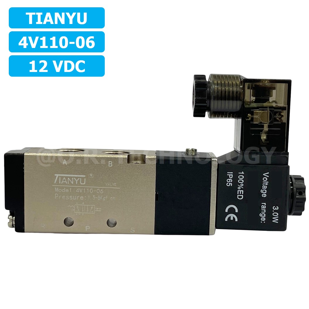 4V110-06 12VDC โซลินอยด์วาล์ว คอยล์ 1 ข้าง 5/2 Single coil Solenoid Valve Pneumatic TIANYU 4V-110-06
